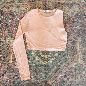 NWOT Zara One Sleeve Mesh and Knit Crop Top in Blush Size Small